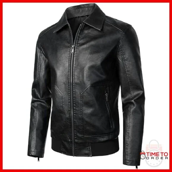 Men's Faux Leather Bomber Jacket Motorcycle Style Ribbed Hem - Picture 3 of 8